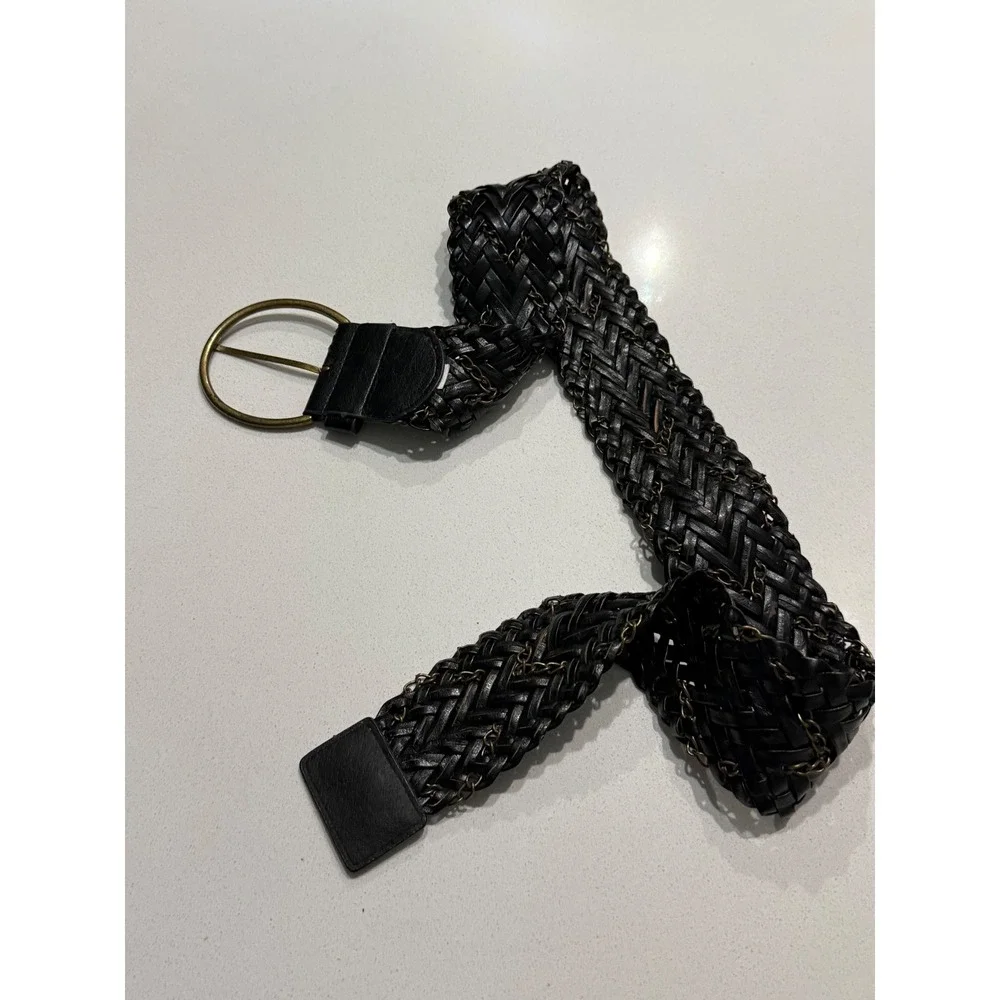 Black Braided Leather Chain Interlaced Wide Belt Antique Brass Circle Buckle